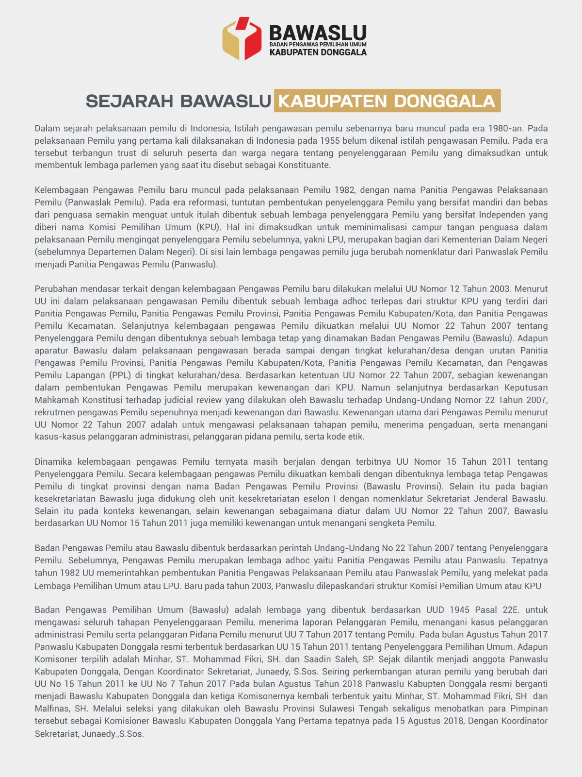 Sejarah Pengawasan Pemilu Bawaslu Kabupaten Donggala